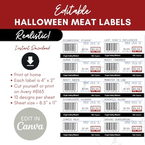 Op de afbeelding: Een digitaal vel met tien bewerkbare Halloween-vleeslabels van elk 10,16 cm bij 5,08 cm. De labels bevatten barcodes, prijzen van 6,66 en humoristische namen, allemaal gerangschikt op een lay-out van 21,59 cm bij 27,94 cm.