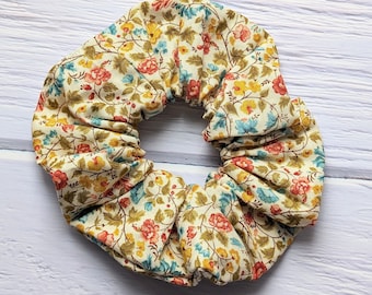 Retro Vintage Yellow Blue Floral Cotton Scrunchie