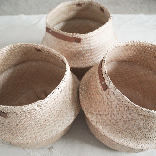 Three Extralarge Handwoven Belly Baskets With Leather Handles Etsy