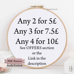 May include: A white embroidery hoop with black text that reads "Any 2 for 5&pound;, Any 3 for 7.5&pound;, Any 4 for 10&pound;, See OFFERS section or the Link in the description". A pink and white yarn ball is in the lower left corner of the image.
