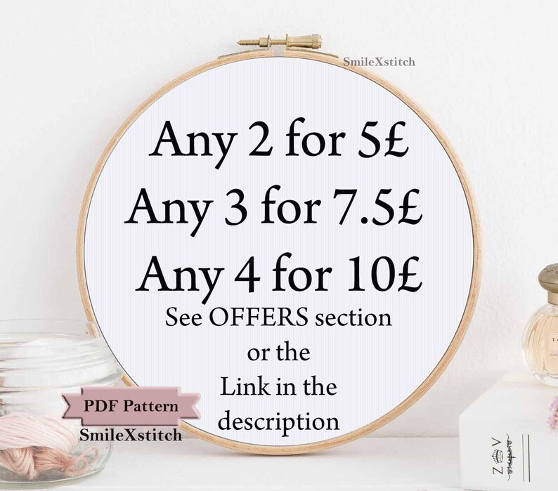 May include: A white embroidery hoop with black text that reads "Any 2 for 5&pound;, Any 3 for 7.5&pound;, Any 4 for 10&pound;, See OFFERS section or the Link in the description". A pink and white yarn ball is in the lower left corner of the image.