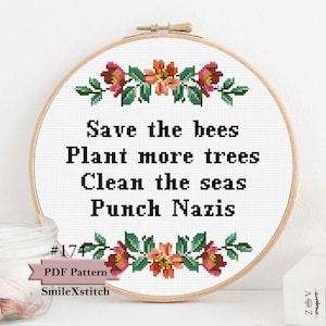 Subversive cross stitch pattern "Punch Nazis" for instant download political "fuck the patriarchy" cross stitch rude modern cross stitch