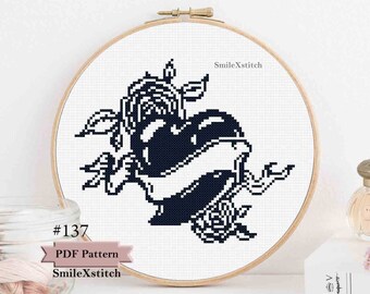 Tattoo schwarz Herz Kreuzstich Vintage Gothic schwarz weiß Anfänger einfach einfarbig retro viktorianisch pdf Stickmuster sofort download