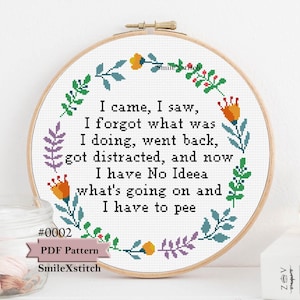 Könnte beinhalten: Ein Kreuzstich-Stickrahmen mit dem Text "Ich kam, sah, vergaß, was ich tat, ging zurück, wurde abgelenkt, und jetzt habe ich keine Ahnung, was los ist, und ich muss pinkeln." Mit floralem Rand.