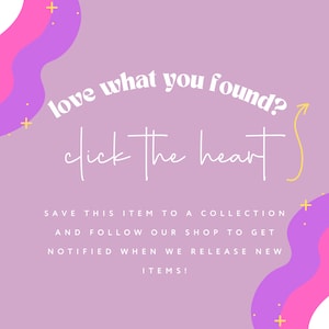May include: Purple and pink abstract shapes with yellow stars on a light purple background. Text reads: "love what you found? click the heart".  Save this item to a collection and follow our shop to get notified when we release new items!