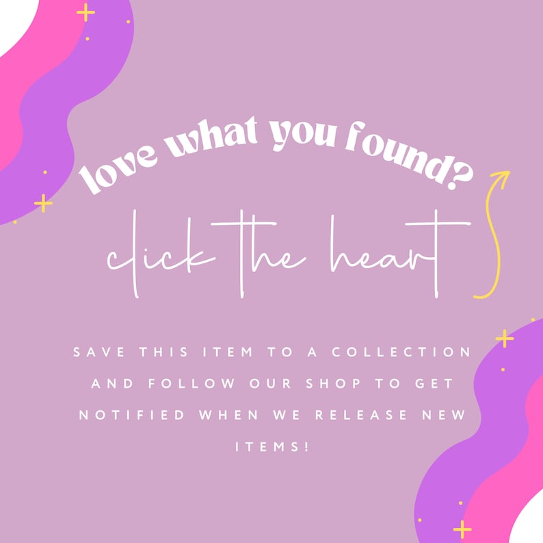 May include: Purple and pink abstract shapes with yellow stars on a light purple background. Text reads: "love what you found? click the heart".  Save this item to a collection and follow our shop to get notified when we release new items!