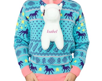 Personalized 3d Unicorn Ugly Christmas Sweater with Stuffed Unicorn Plush Custom with Name