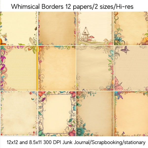 2 sizes-12x12 and 8.5x11- 12 Papers with whimsical, floral borders and fantasy themed clipart for Junk Journal, Scrapbook, Stationary