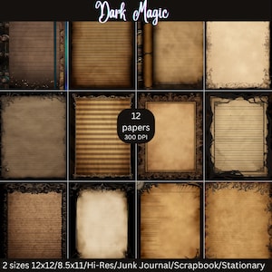 2 sizes 12x12 and 8.5x11- 12 Printable Papers, lined, bordered, gothic, Dark Magic- Junk Journal/Scrapbook/Stationary