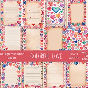 18 hermosos y coloridos papeles con temática de amor, alta resolución 300 PPI/8,5x11 de tamaño/revistas basura, álbumes de recortes, papelería