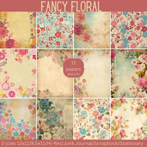 2 Sizes 12x12 and 8.5x11- 12 Papers Vintage look, Floral, Colorful, High resolution papers Junk Journal/Scrapbook/Stationary