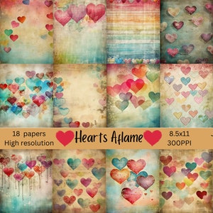 Hearts Aflame- 18 hermosas páginas de diario basura/álbum de recortes/fabricación de tarjetas/proyectos de bricolaje, 8.5x11/alta resolución/uso completo
