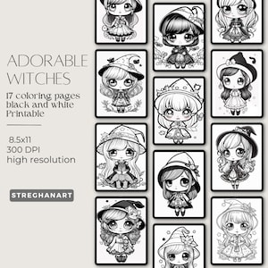 17 black and white, printable coloring pages for adults and children, adorable little witches 8.5x11 size