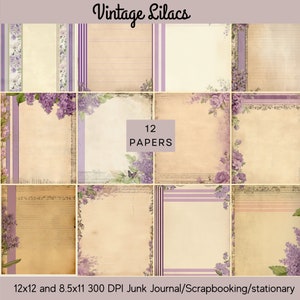 2 tailles - 12 x 12 et 8,5 x 11 - 12 beaux papiers vintage avec lilas, bordures, pour journaux indésirables, albums de découpures, stationnaire, floral, doux