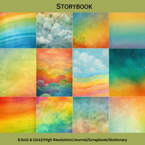 2 Sizes- 12x122 and 8.5x11- 12 papers, colorful storybook, Textured, Junk Journal, Scrapbook, Stationary