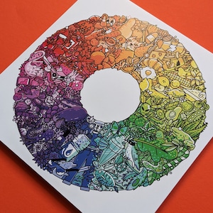 May include: A square print featuring a circular rainbow-colored doodle illustration. The design transitions through the color spectrum, containing various small line-art objects like fruits, animals, and everyday items arranged in a ring.
