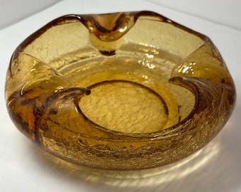 Viking Amber Crackle Glass Cigar Ashtray / Candy Dish / Bulb Planter 1970s Vintage