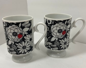 Vintage Floral Pedestal Mugs: Ladybug Accent, Set of 2