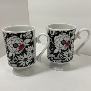 Vintage Floral Pedestal Mugs: Ladybug Accent, Set of 2