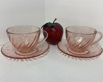 Arcoroc of France Rosaline Pink Swirl Tea Cup and Saucer Set of 2 (4pc)