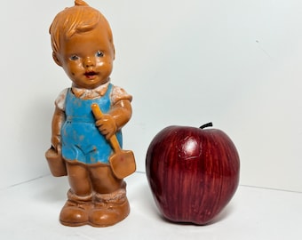 Vintage Rubber Squeeze Doll: Boy with Bucket & Shovel, Made in W. Germany