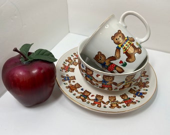 Vintage child's 3-piece china meal set with teddy bears made in Japan by Action