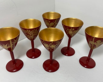 Vintage Red and Gold Lacquer Cordial Glasses - Set of 6