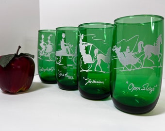 Set of 4 ANCHOR HOCKING Emerald Green 'Gay Nineties" Roly Poly Tumblers