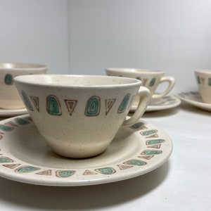 Set of 4 Metlox Navajo cups & saucers 1950s mid-century mod aqua geometric dinnerware, vintage
