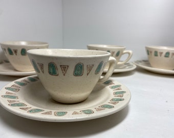 Set of 4 Metlox Navajo cups & saucers 1950s mid-century mod aqua geometric dinnerware, vintage