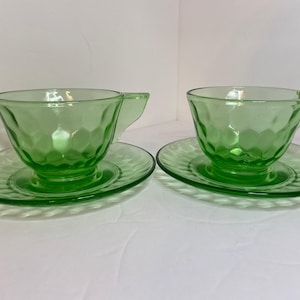 Jeannette Hex Optic Uranium Glass Teacups and Saucers Set: Art Deco Green