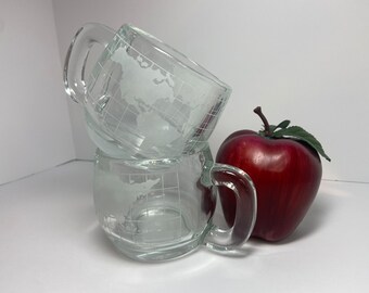 SET of 2 Vintage Nestle Nescafe Etched Glass World Globe Mugs, 1970's, Retro Style