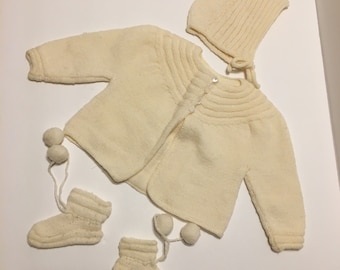 Vintage Hand Knit Wool Baby Sweater Set - Sweater, Hat and Booties with Pom-poms