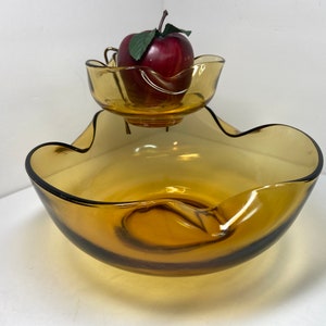 Vintage Anchor Hocking Chip and Dip Set, Anchor Hocking Accent Modern, Amber Chip and Dip Set, Honey Gold