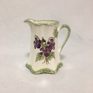 Vintage Green and Purple Floral Creamer/Syrup pitcher 1940s Cash Family Pottery Hand Painted Pitcher
