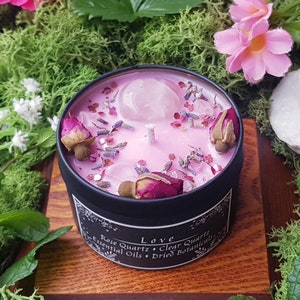 LOVE Crystal candle - Black Tin NEW version - Rose Quartz, Clear Quartz, Sweet Orange, Lemon, Lavender, Rose