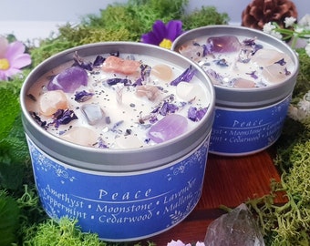 Peace Crystal Candle with Amethyst and Moonstone crystals, essential oils, herbs and flowers.