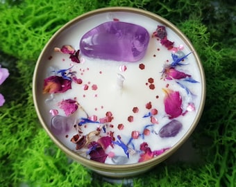 Empower Crystal Candle - Amethyst & Fluorite crystals, scented with Vanilla, Sweet Orange, Frankincense, topped with Rose + Blue Cornflower