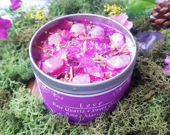 Love Crystal Candle with Rose Quartz crystals, essential oils, herbs and flowers.
