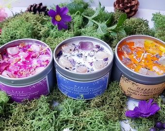 Crystal Candles: Peace, Love & Happiness, with crystals, essential oils, herbs and flowers.