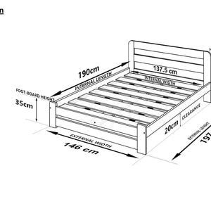 May include: Line drawing of a double bed frame with dimensions labeled in centimeters. The bed frame is 197 cm long, 146 cm wide, and 80 cm high. The internal dimensions of the bed are 190 cm long and 137.5 cm wide.