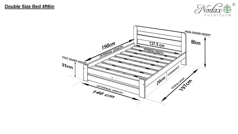 May include: Line drawing of a double bed frame with dimensions labeled in centimeters. The bed frame is 197 cm long, 146 cm wide, and 80 cm high. The internal dimensions of the bed are 190 cm long and 137.5 cm wide.
