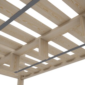 May include: A wooden bed frame with a slatted base and metal support bars. The frame is made of natural wood and has a light brown finish.
