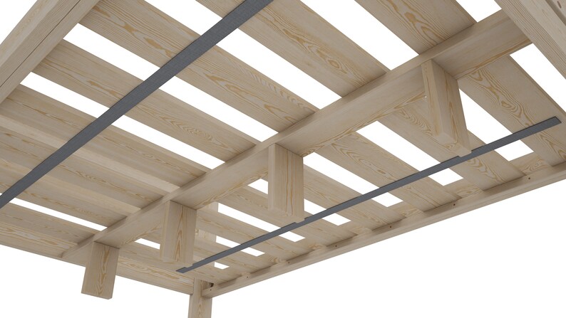 May include: A wooden bed frame with a slatted base and metal support bars. The frame is made of natural wood and has a light brown finish.