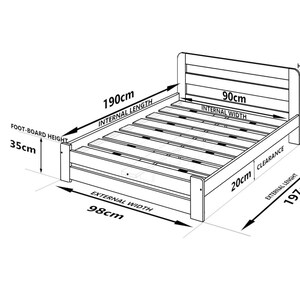 May include: A diagram showing the dimensions of a single size bed frame. The bed frame is 98 cm wide, 197 cm long, and 80 cm high. The internal dimensions of the bed are 90 cm wide and 190 cm long. The bed frame has a 20 cm clearance from the floor.