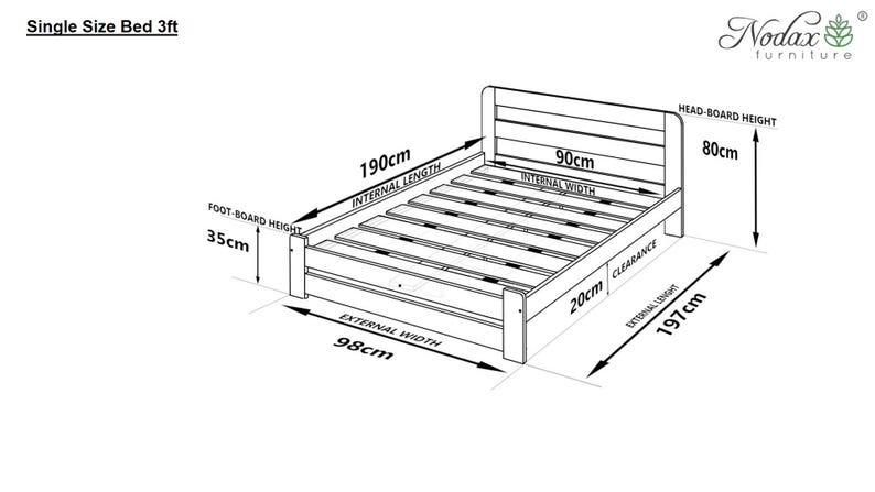 May include: A diagram showing the dimensions of a single size bed frame. The bed frame is 98 cm wide, 197 cm long, and 80 cm high. The internal dimensions of the bed are 90 cm wide and 190 cm long. The bed frame has a 20 cm clearance from the floor.