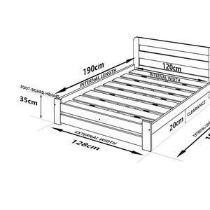May include: Line drawing of a small double bed frame with dimensions labeled in centimeters. The bed frame is 197 cm long, 128 cm wide, and 80 cm high. The internal dimensions of the bed are 190 cm long and 120 cm wide.