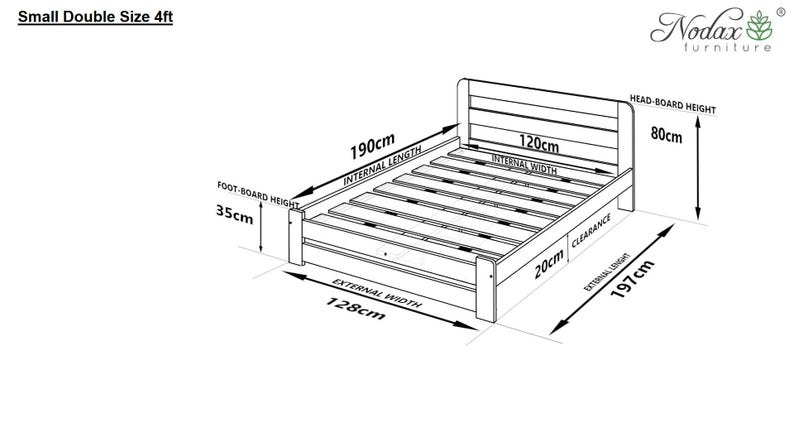 May include: Line drawing of a small double bed frame with dimensions labeled in centimeters. The bed frame is 197 cm long, 128 cm wide, and 80 cm high. The internal dimensions of the bed are 190 cm long and 120 cm wide.