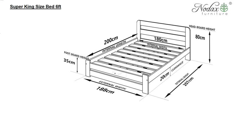 May include: Line drawing of a super king size bed frame with dimensions labeled in centimeters. The bed frame is 207 cm long, 188 cm wide, and 80 cm high. The internal dimensions of the bed are 200 cm long and 180 cm wide.