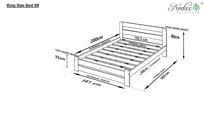 May include: Line drawing of a king size bed frame with dimensions labeled in centimeters. The bed frame is 207 cm long, 161 cm wide, and 80 cm high. The internal dimensions of the bed are 200 cm long and 152.5 cm wide.